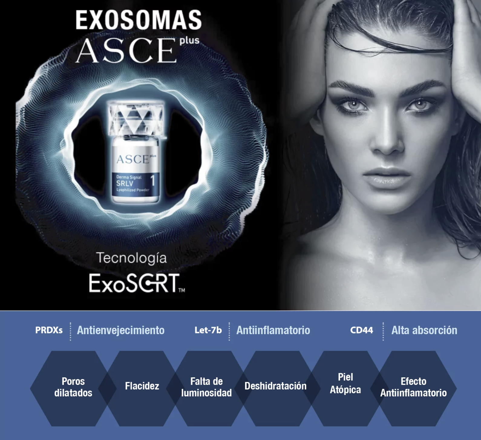 exosomas ASCEplus SRLV cuidado de la piel, poros flacidez, luminosidad, antiinflamatorio, deshidratacion